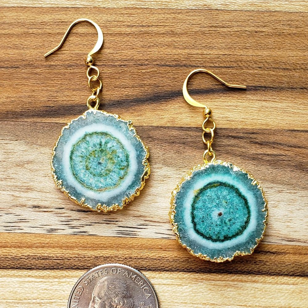 Emerald Green & White Solar Quartz Electroform Earrings w/ Gold Plate Ear Wires